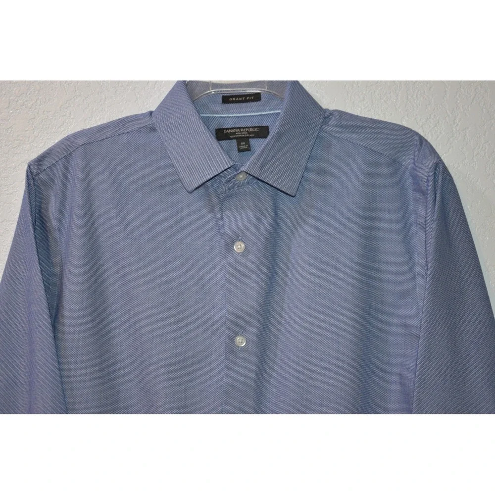 Banana Republic Grant Fit Blue Non-Iron Cotton Stretch Dress Shirt Medium Mens